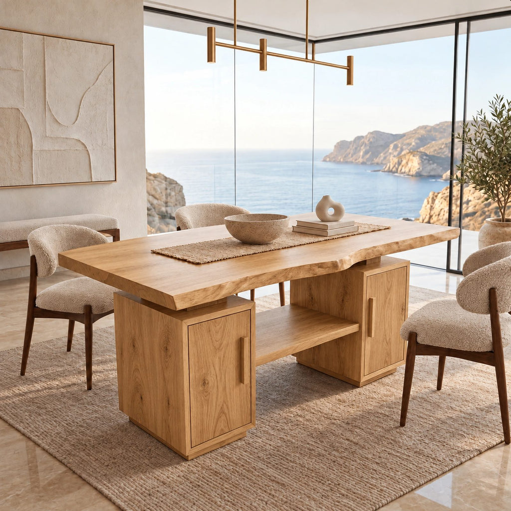 Modern Live Edge Slab Dining Table With Dual Storage Pedestals