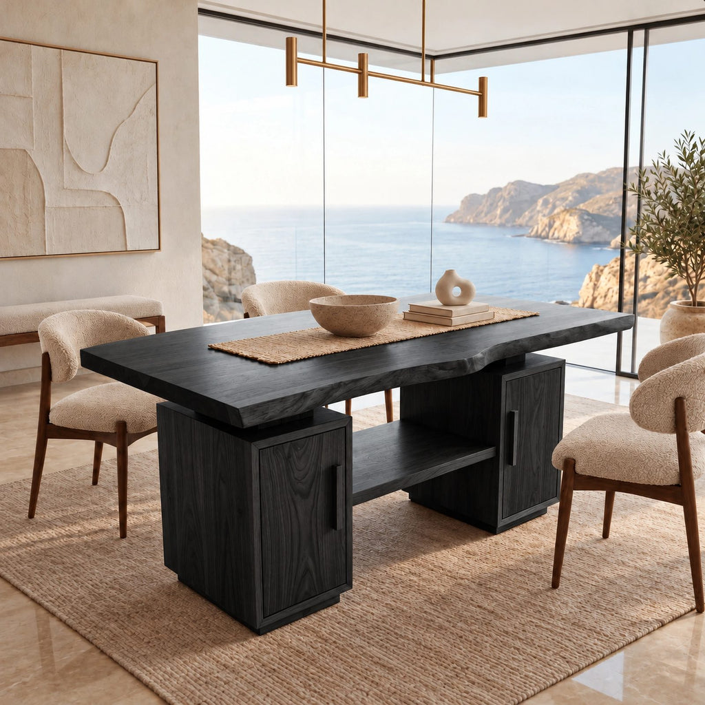 Modern Live Edge Slab Dining Table With Dual Storage Pedestals