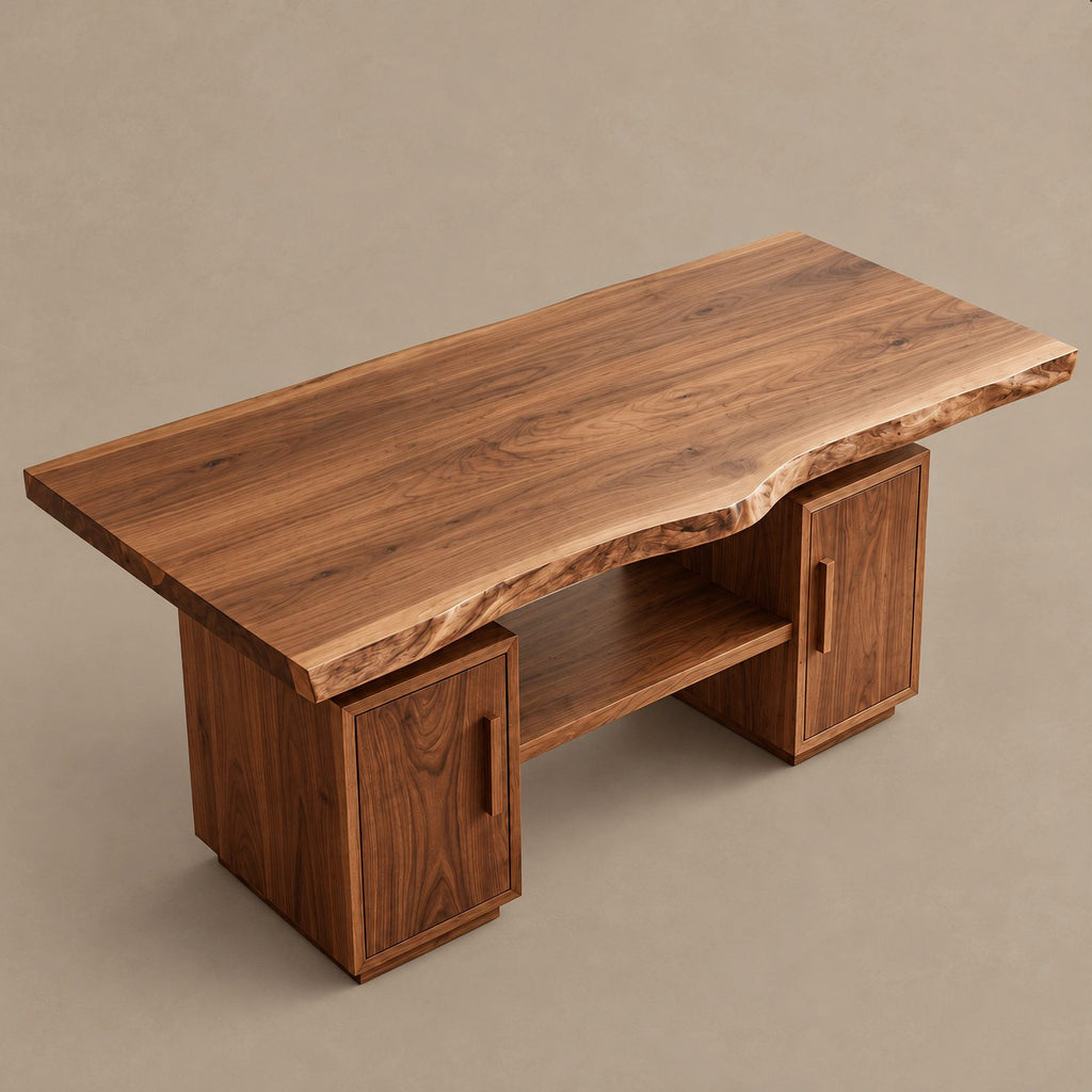 Modern Live Edge Slab Dining Table With Dual Storage Pedestals