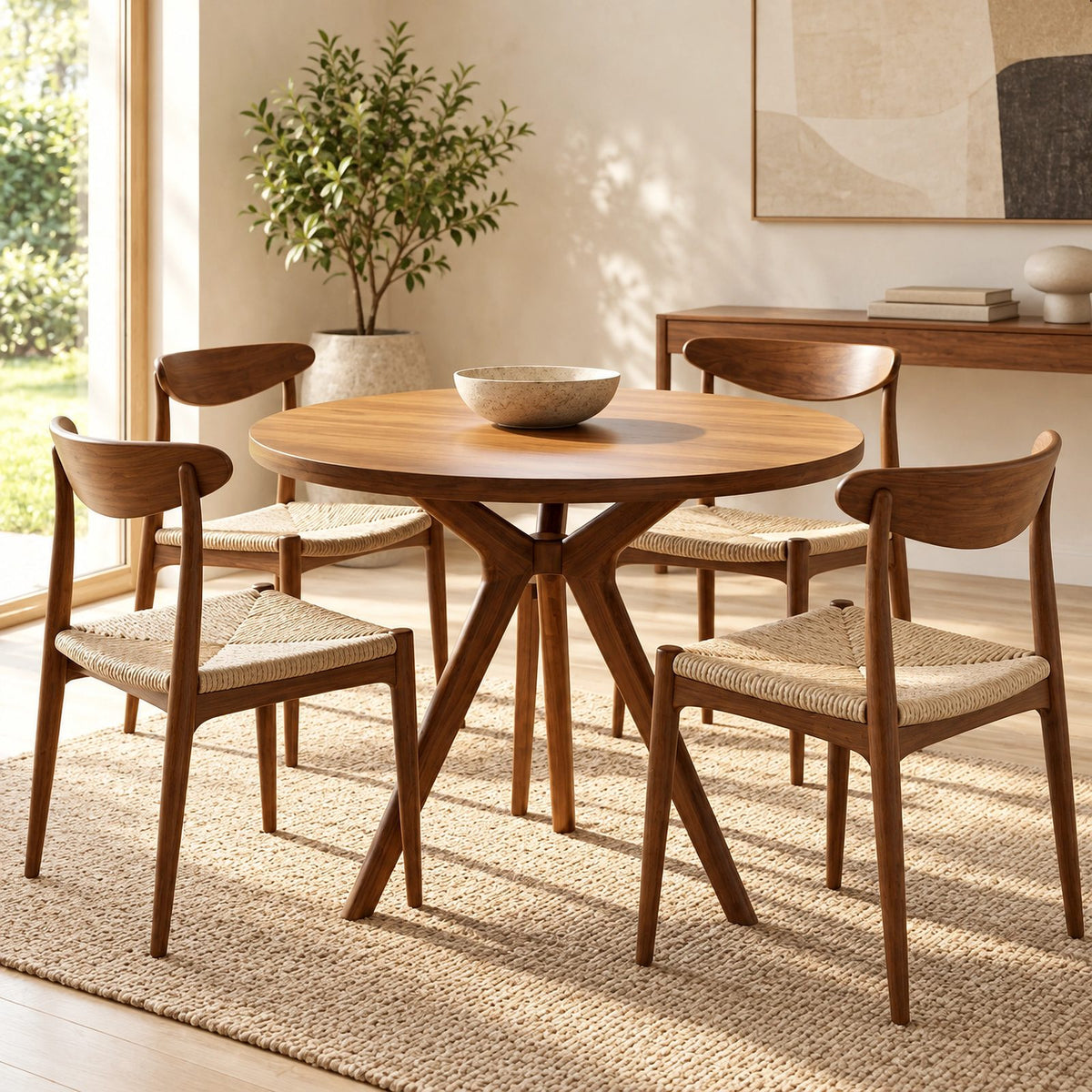 Mid Century Round Dining Table With Architectural Flared Base For Dining Room