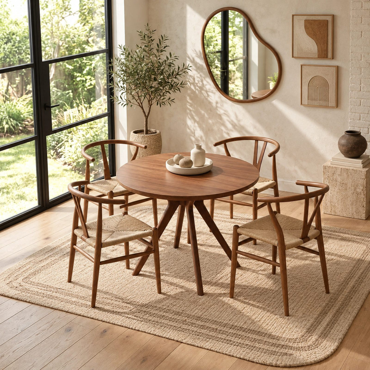 Mid Century Round Dining Table With Architectural Flared Base For Dining Room