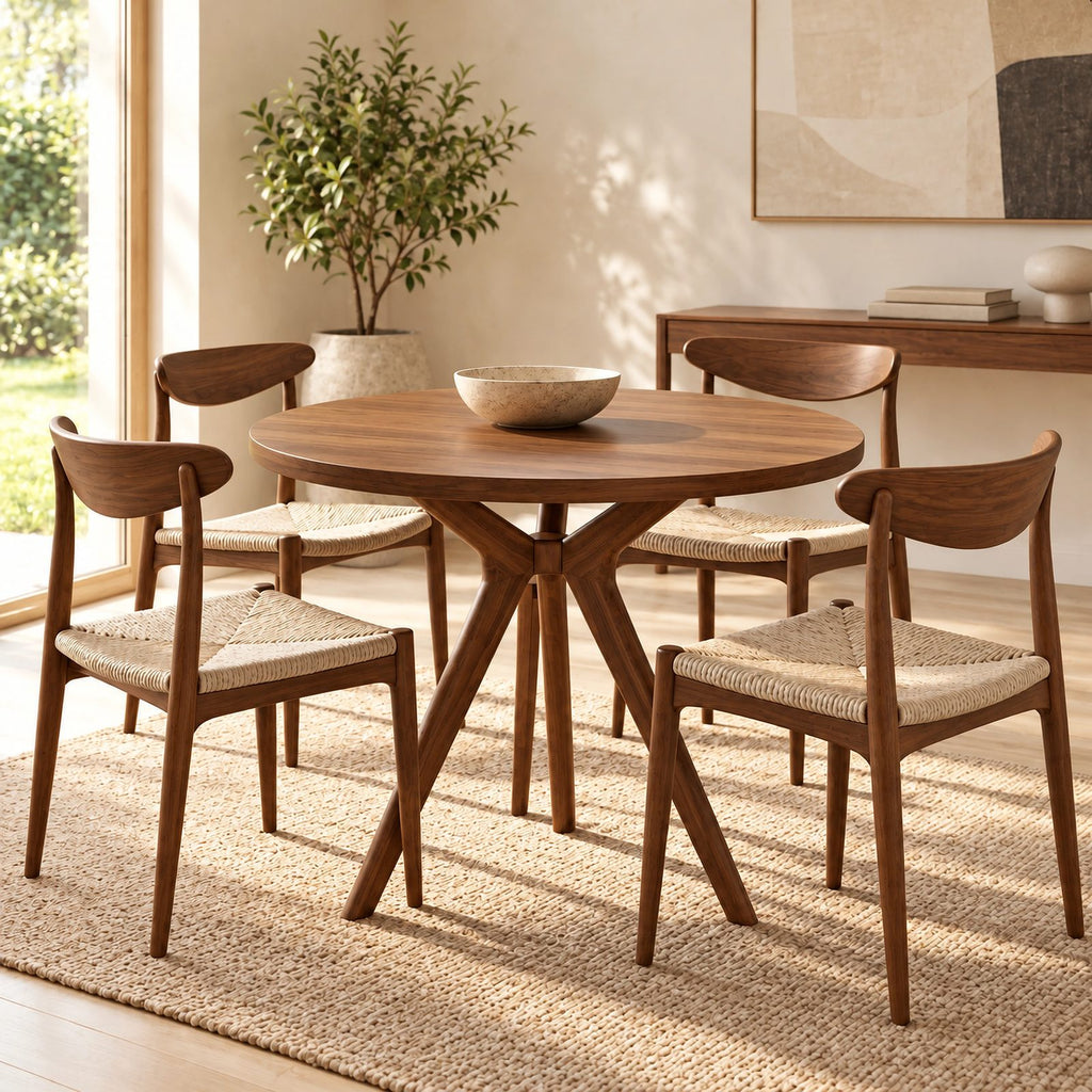 Mid Century Round Dining Table With Architectural Flared Base For Dining Room