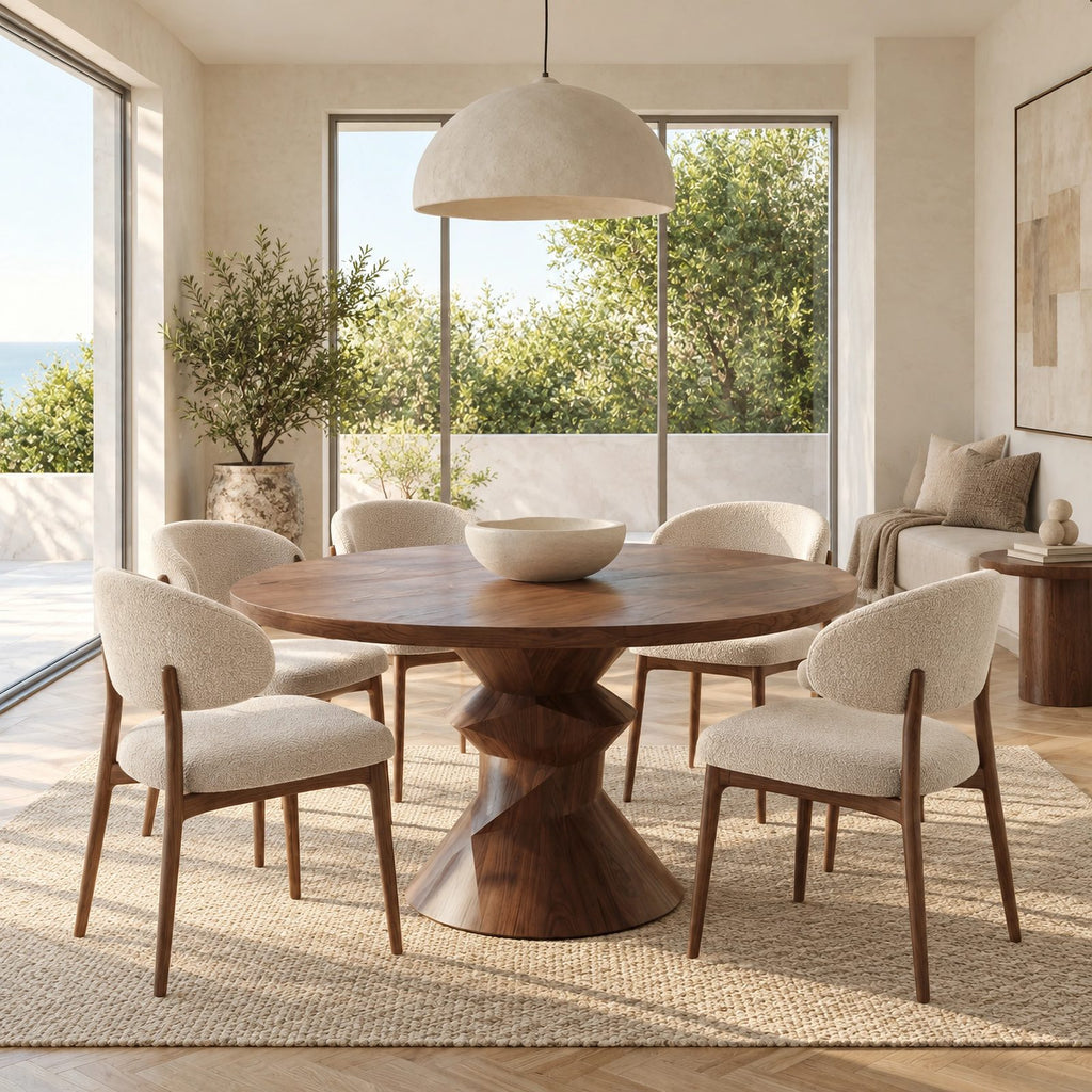 Contemporary Round Dining Table With Sculptural Carved Base For Dining Room