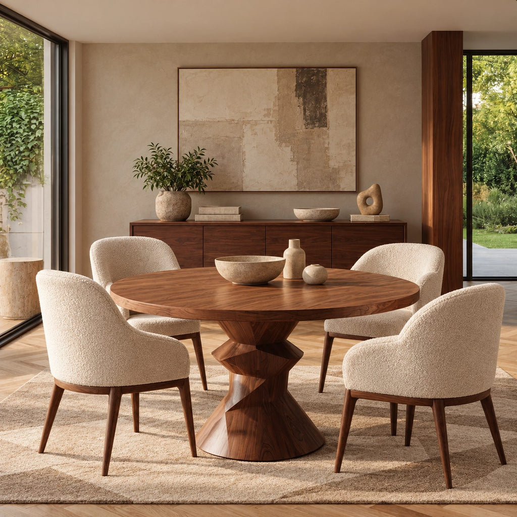 Contemporary Round Dining Table With Sculptural Carved Base For Dining Room