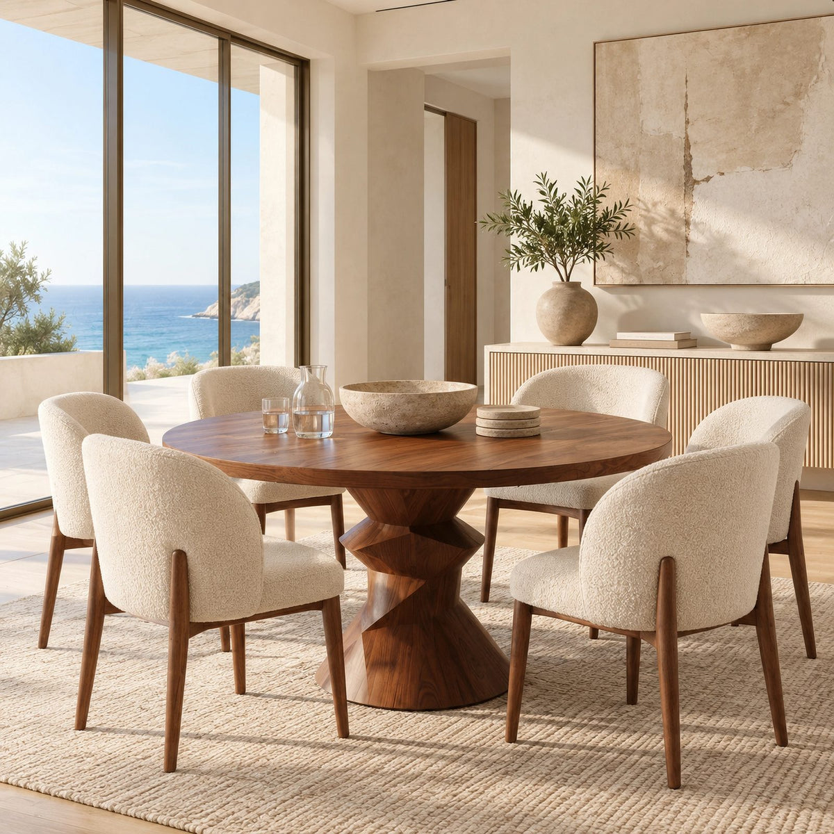Contemporary Round Dining Table With Sculptural Carved Base For Dining Room