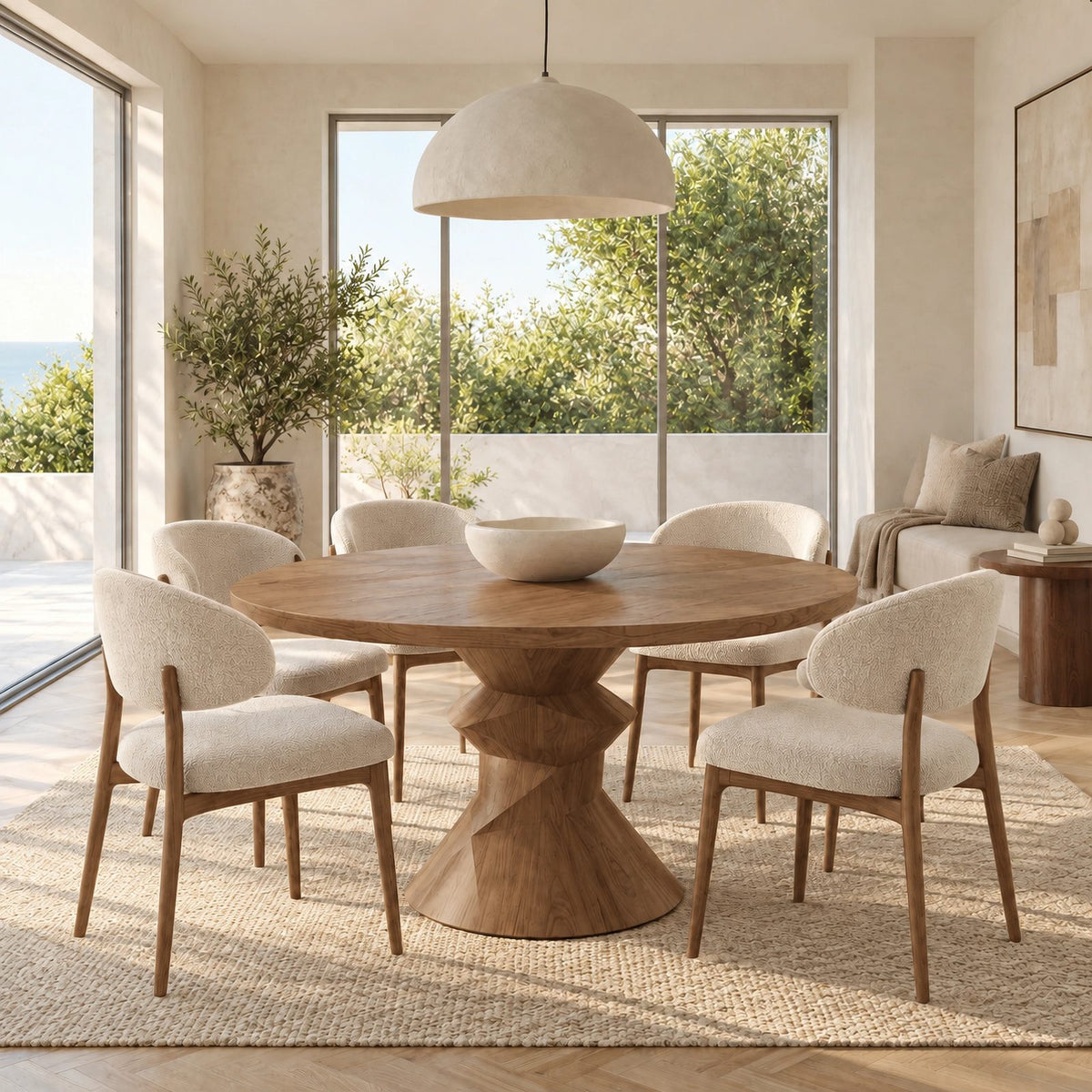 Contemporary Round Dining Table With Sculptural Carved Base For Dining Room