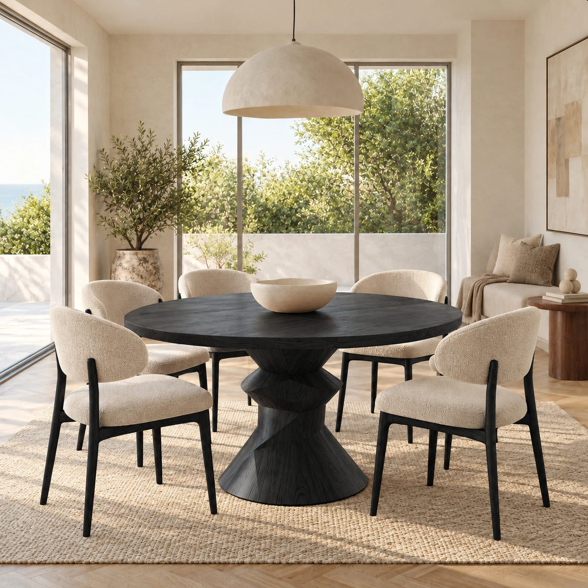 Contemporary Round Dining Table With Sculptural Carved Base For Dining Room