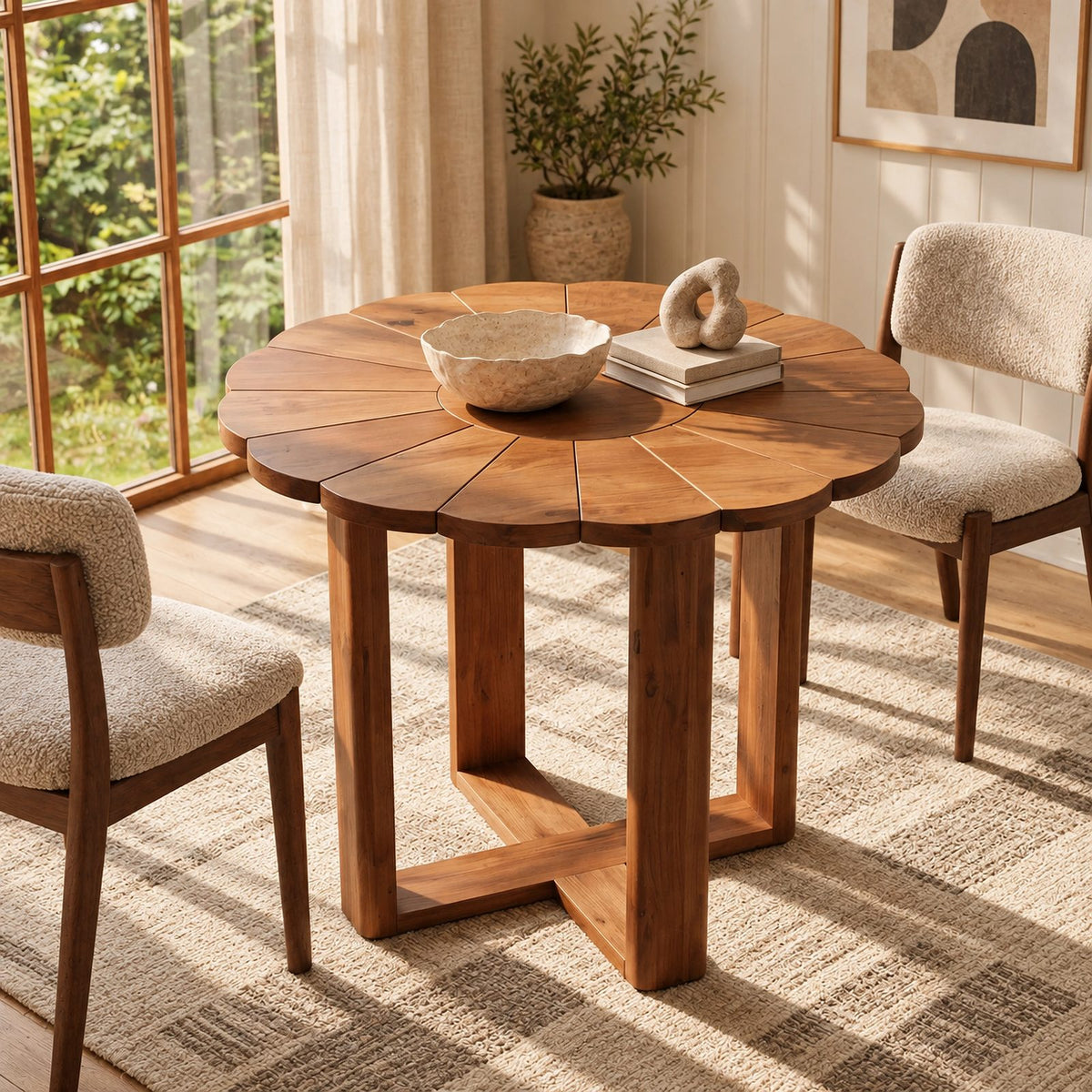 Handcrafted Round Pedestal Dining Table With Spoke Base For Dining Room
