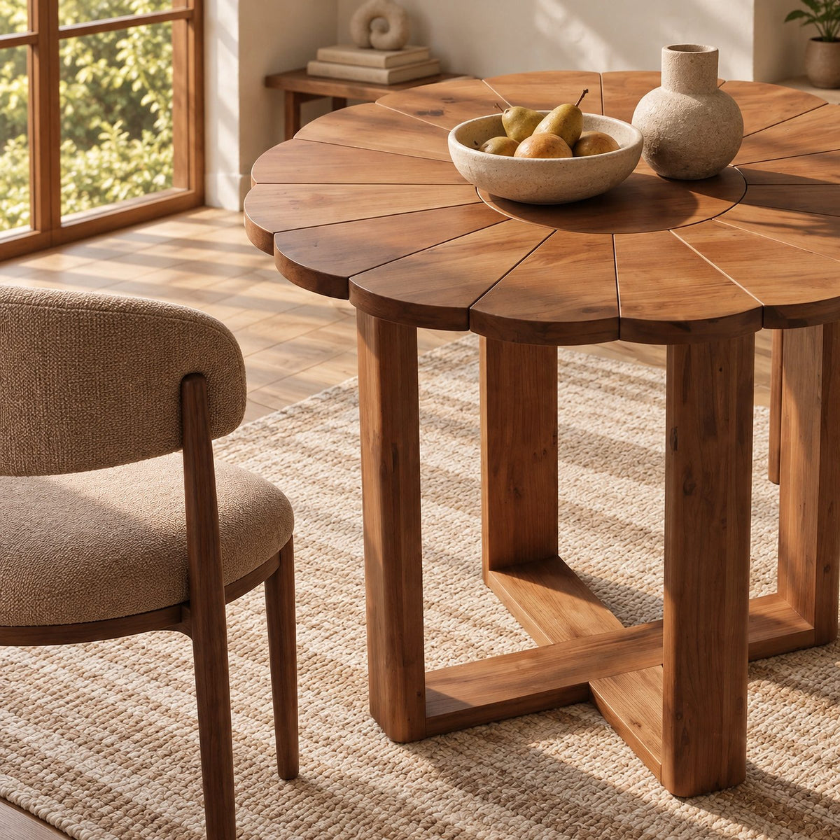 Handcrafted Round Pedestal Dining Table With Spoke Base For Dining Room