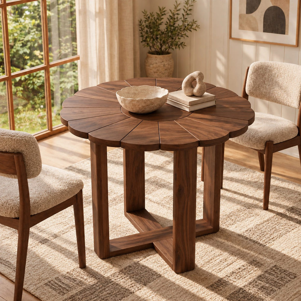 Handcrafted Round Pedestal Dining Table With Spoke Base For Dining Room
