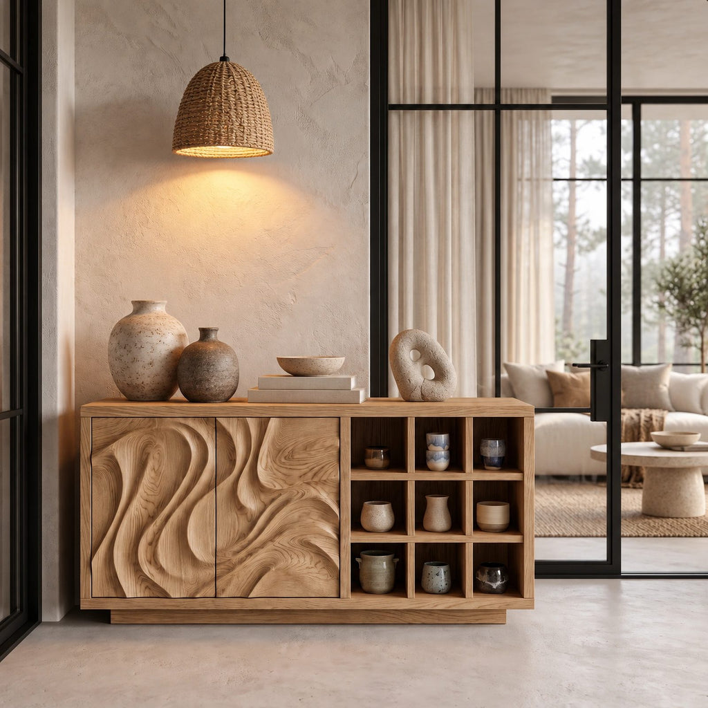 Natural Sideboard With Textured Grain Doors For Dining Room