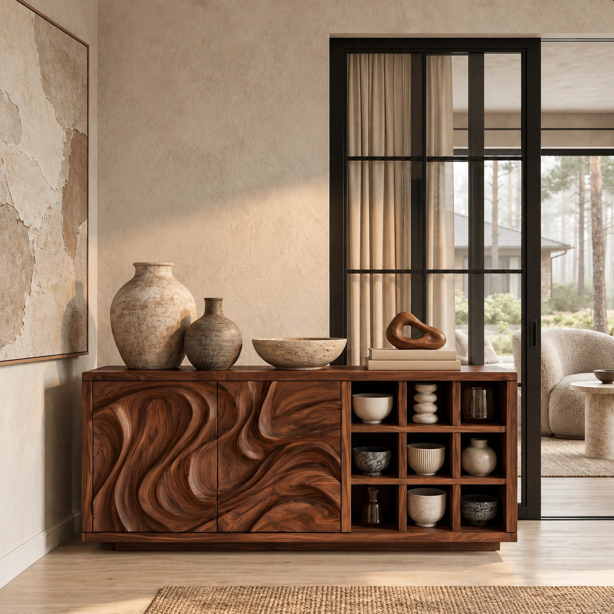 Natural Sideboard With Textured Grain Doors For Dining Room