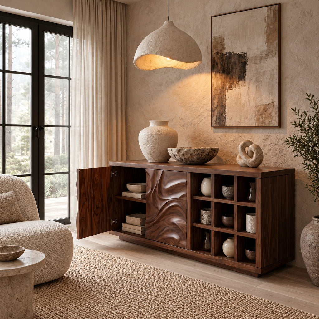 Natural Sideboard With Textured Grain Doors For Dining Room