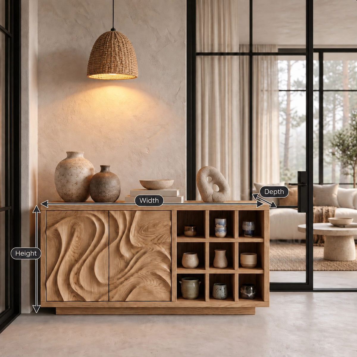Natural Sideboard With Textured Grain Doors For Dining Room