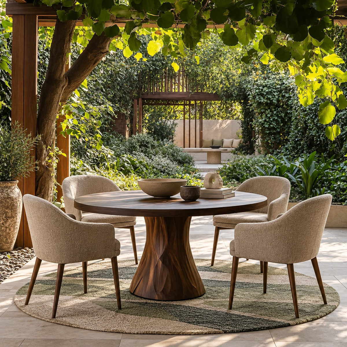 Handcrafted Round Dining Table With Spiral Pedestal Base For Dining Room