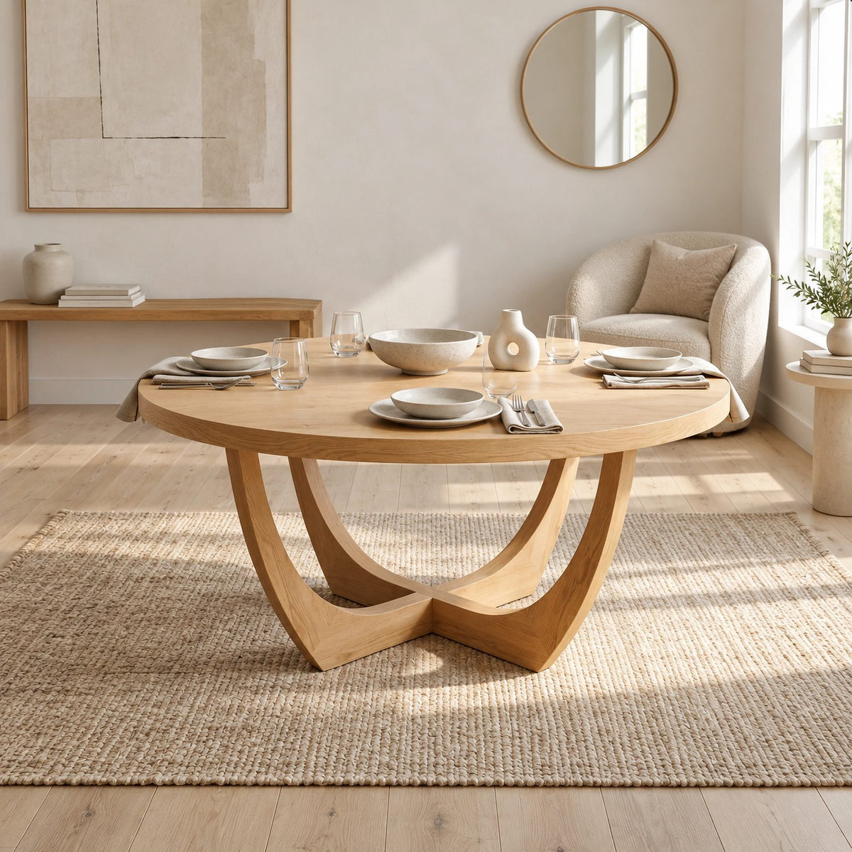 Modern Round Dining Table With Arched Open Pedestal For Dining Room