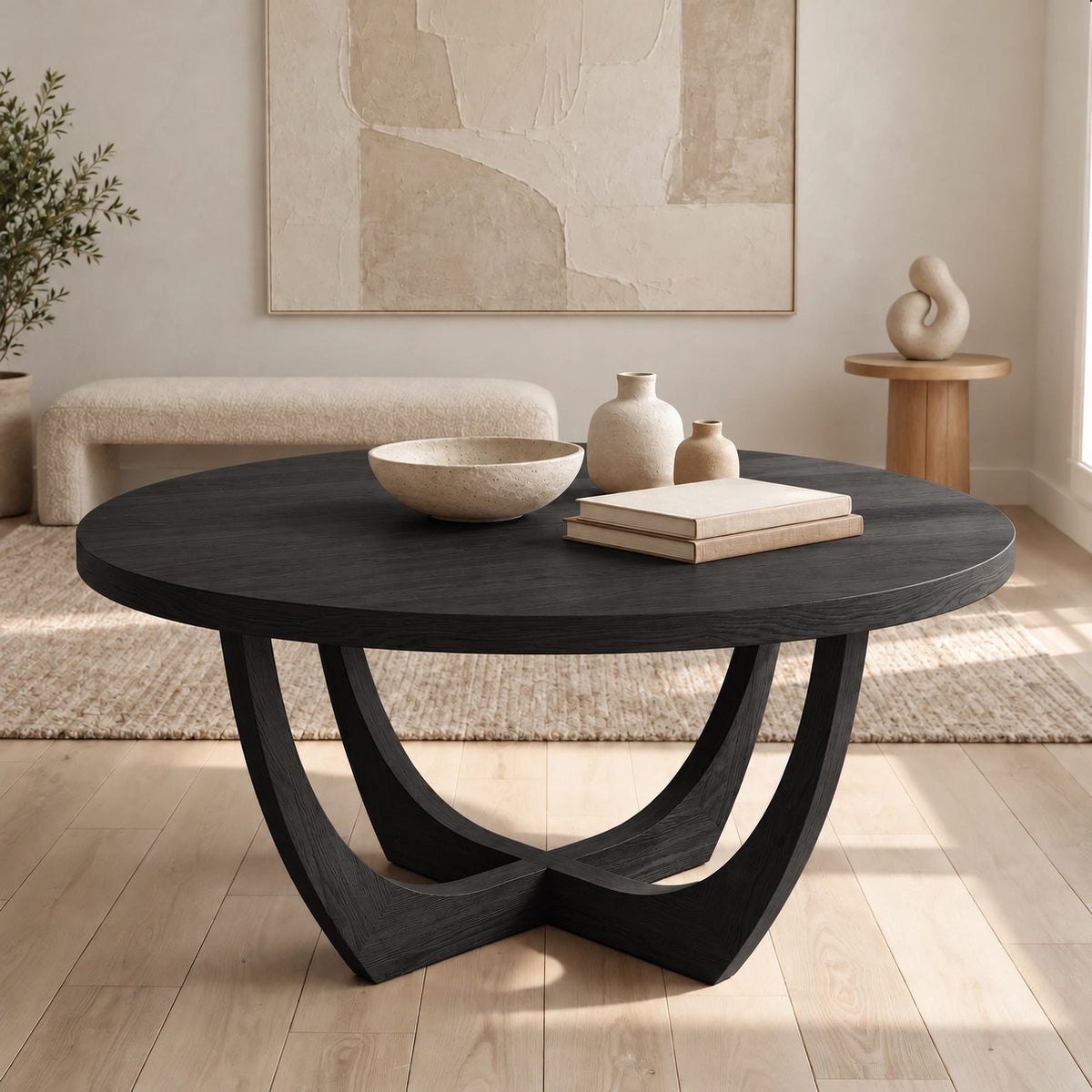 Modern Round Dining Table With Arched Open Pedestal For Dining Room