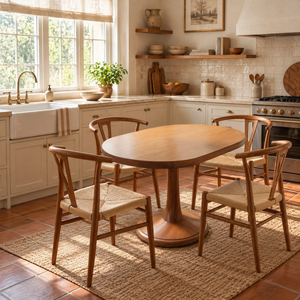 Farmhouse Oval Dining Table With Turned Pedestal Base For Kitchen