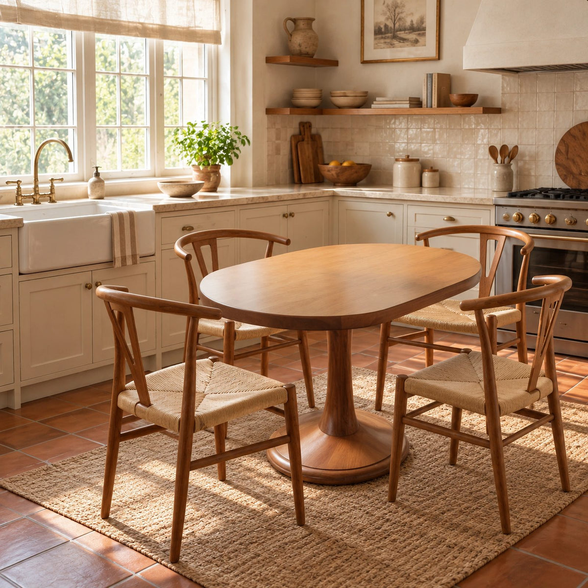 Farmhouse Oval Dining Table With Turned Pedestal Base For Kitchen
