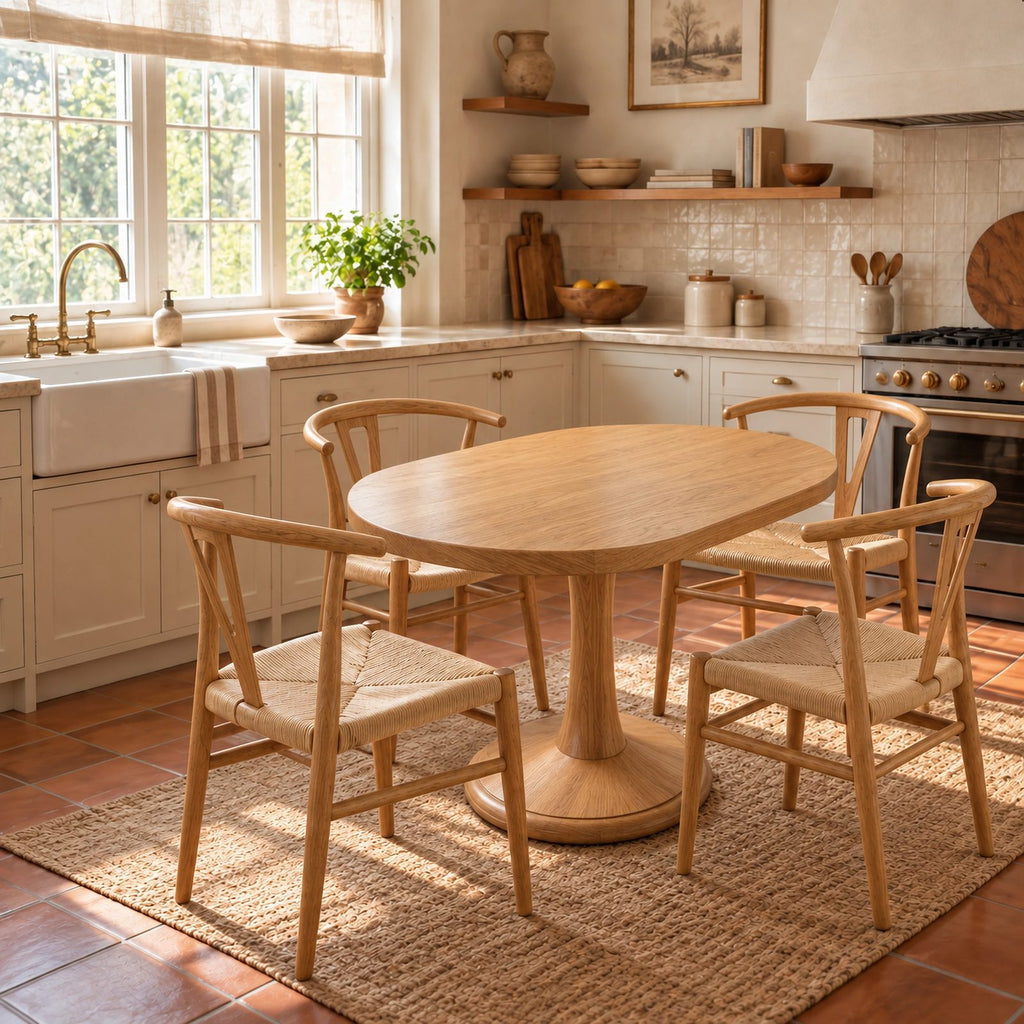 Farmhouse Oval Dining Table With Turned Pedestal Base For Kitchen