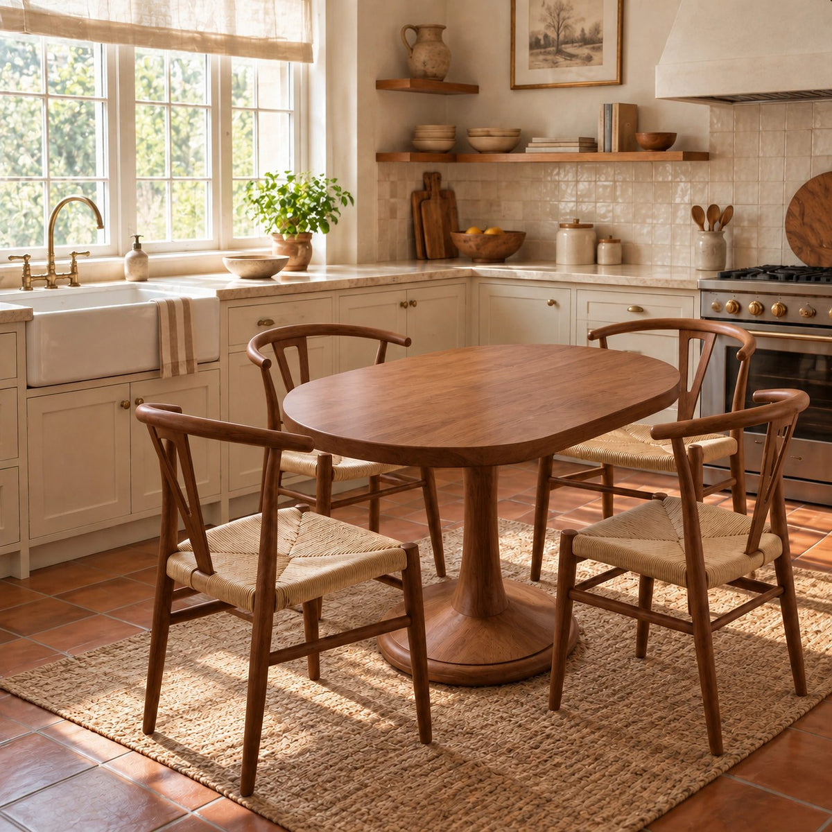 Farmhouse Oval Dining Table With Turned Pedestal Base For Kitchen