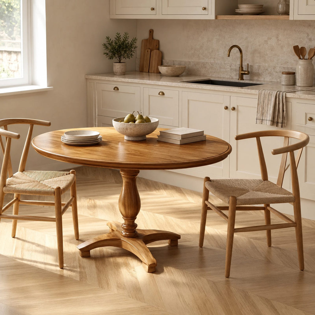 Natural Round Dining Table With Carved Wood Pedestal For Kitchen