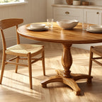 Natural Round Dining Table With Carved Wood Pedestal For Kitchen