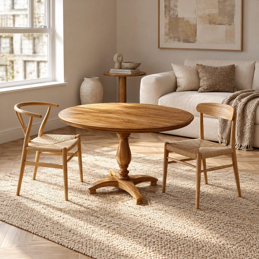 Natural Round Dining Table With Carved Wood Pedestal For Kitchen