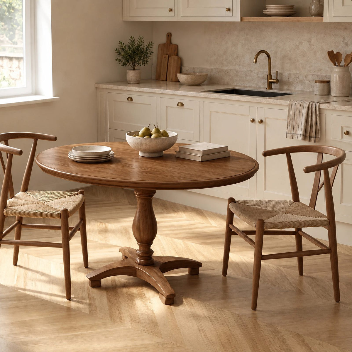 Natural Round Dining Table With Carved Wood Pedestal For Kitchen