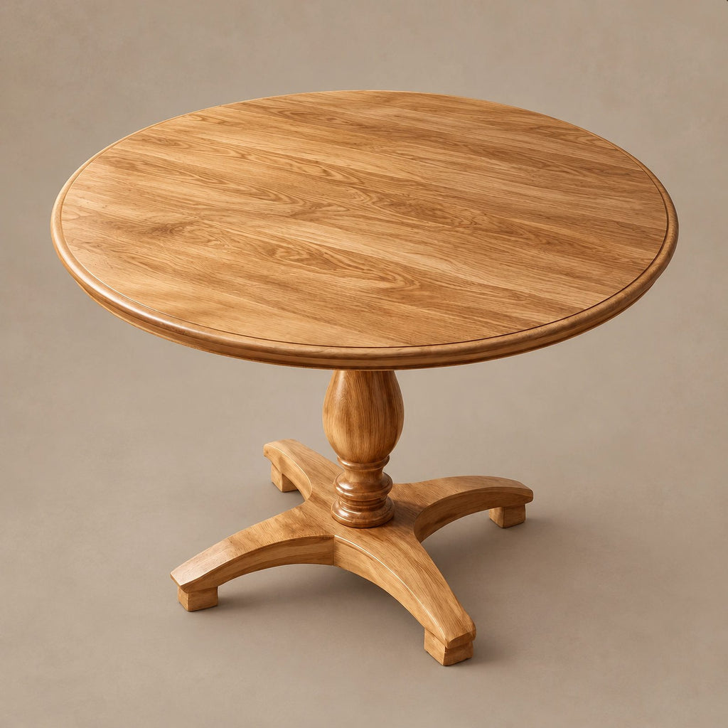 Natural Round Dining Table With Carved Wood Pedestal For Kitchen