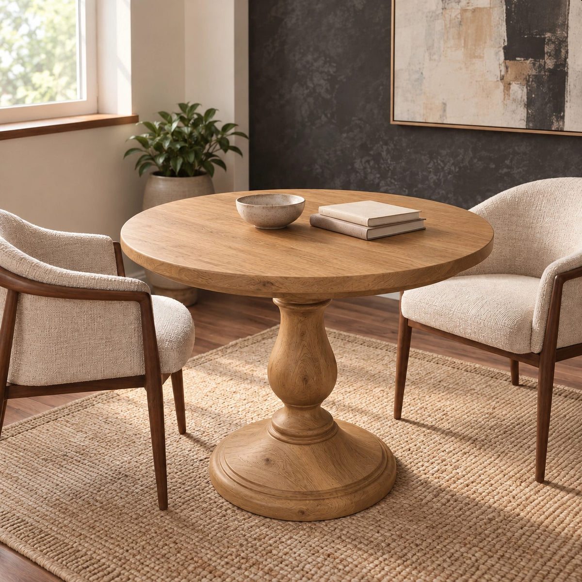 Rustic Round Dining Table With Classic Turned Pedestal For Kitchen