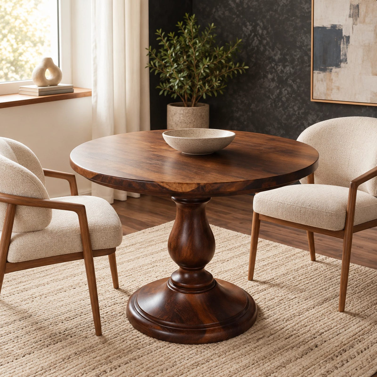Rustic Round Dining Table With Classic Turned Pedestal For Kitchen