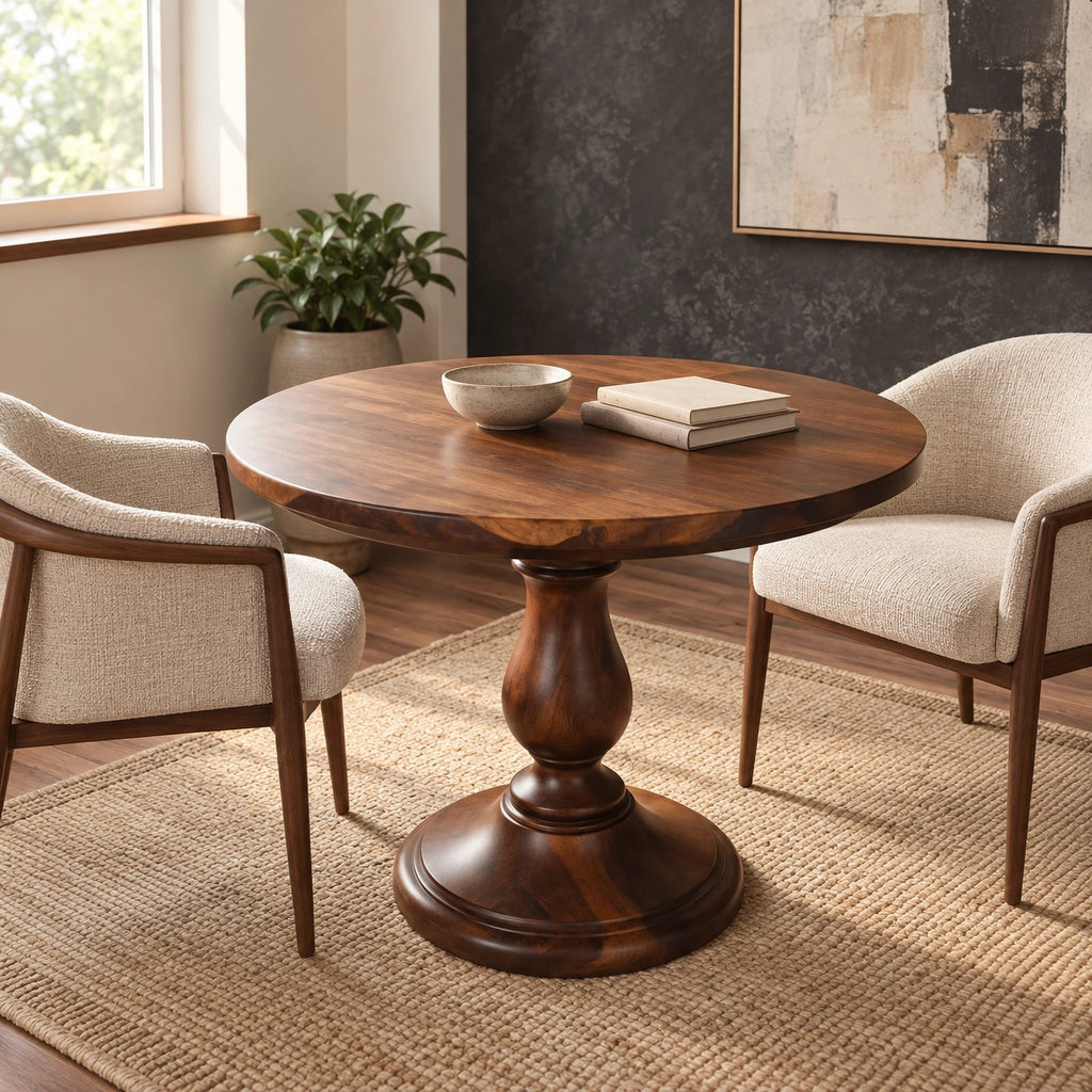 Rustic Round Dining Table With Classic Turned Pedestal For Kitchen