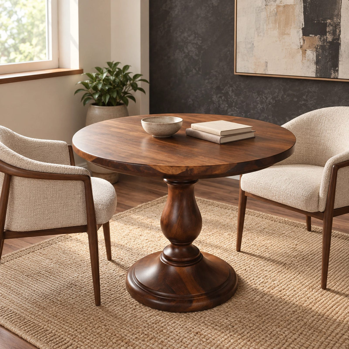 Rustic Round Dining Table With Classic Turned Pedestal For Kitchen