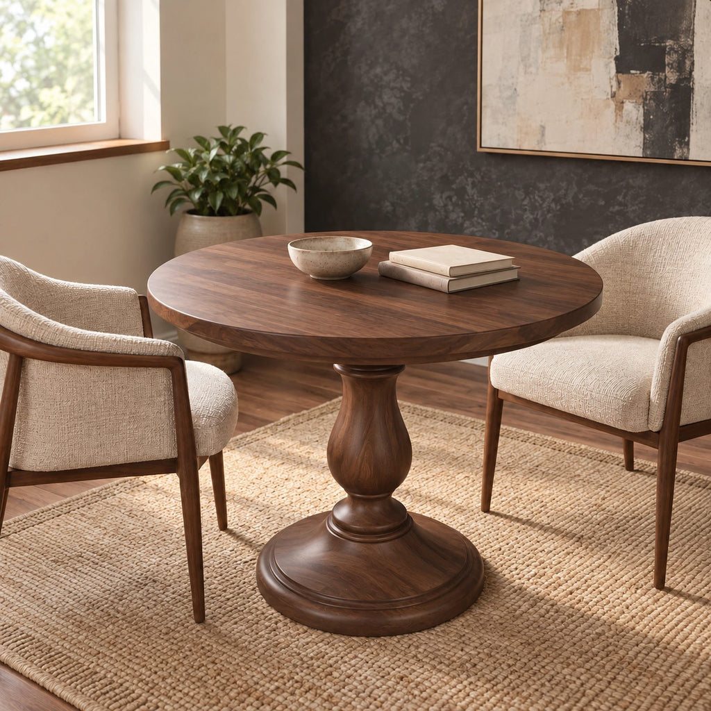 Rustic Round Dining Table With Classic Turned Pedestal For Kitchen