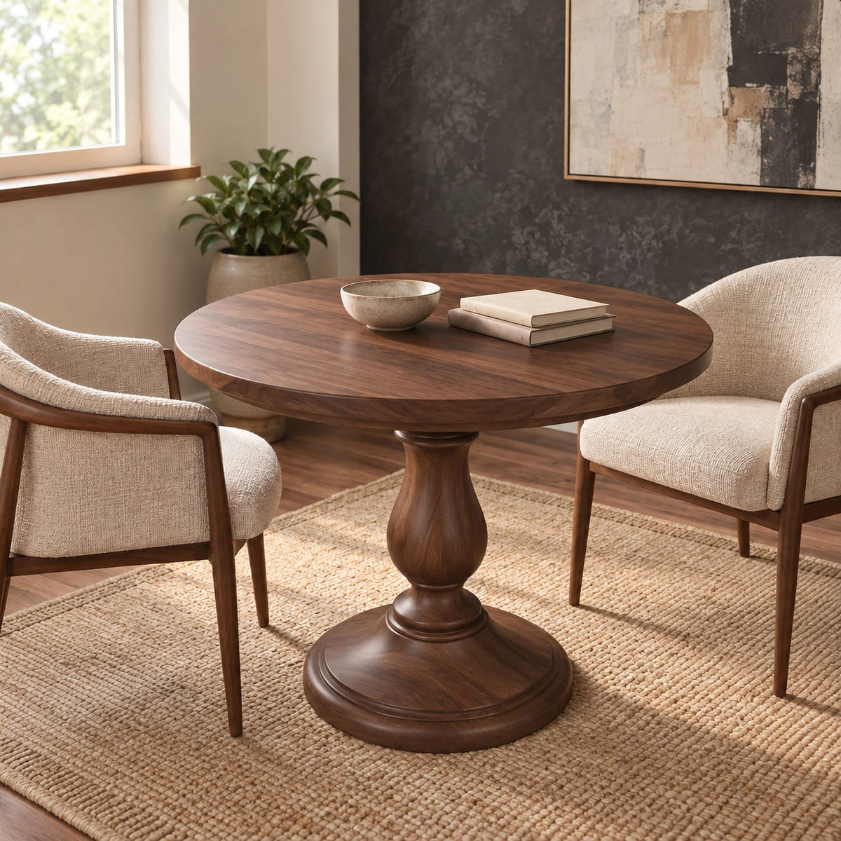 Rustic Round Dining Table With Classic Turned Pedestal For Kitchen