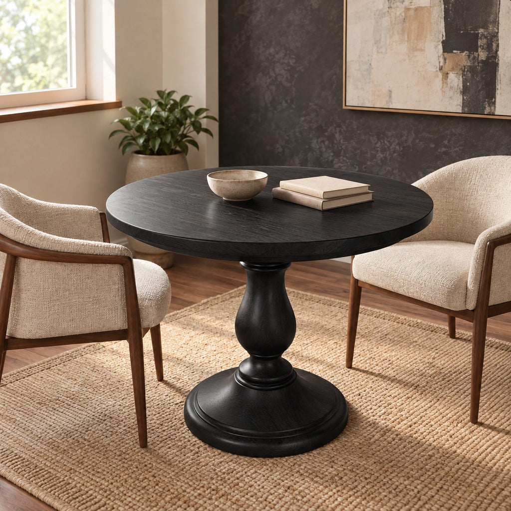 Rustic Round Dining Table With Classic Turned Pedestal For Kitchen