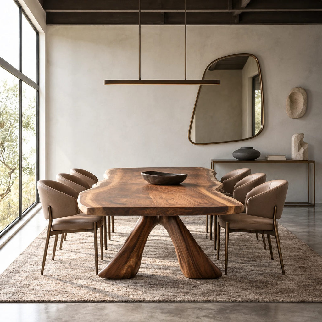 Sculptural Live Edge Dining Table With Crossed Wood Base For Dining Room