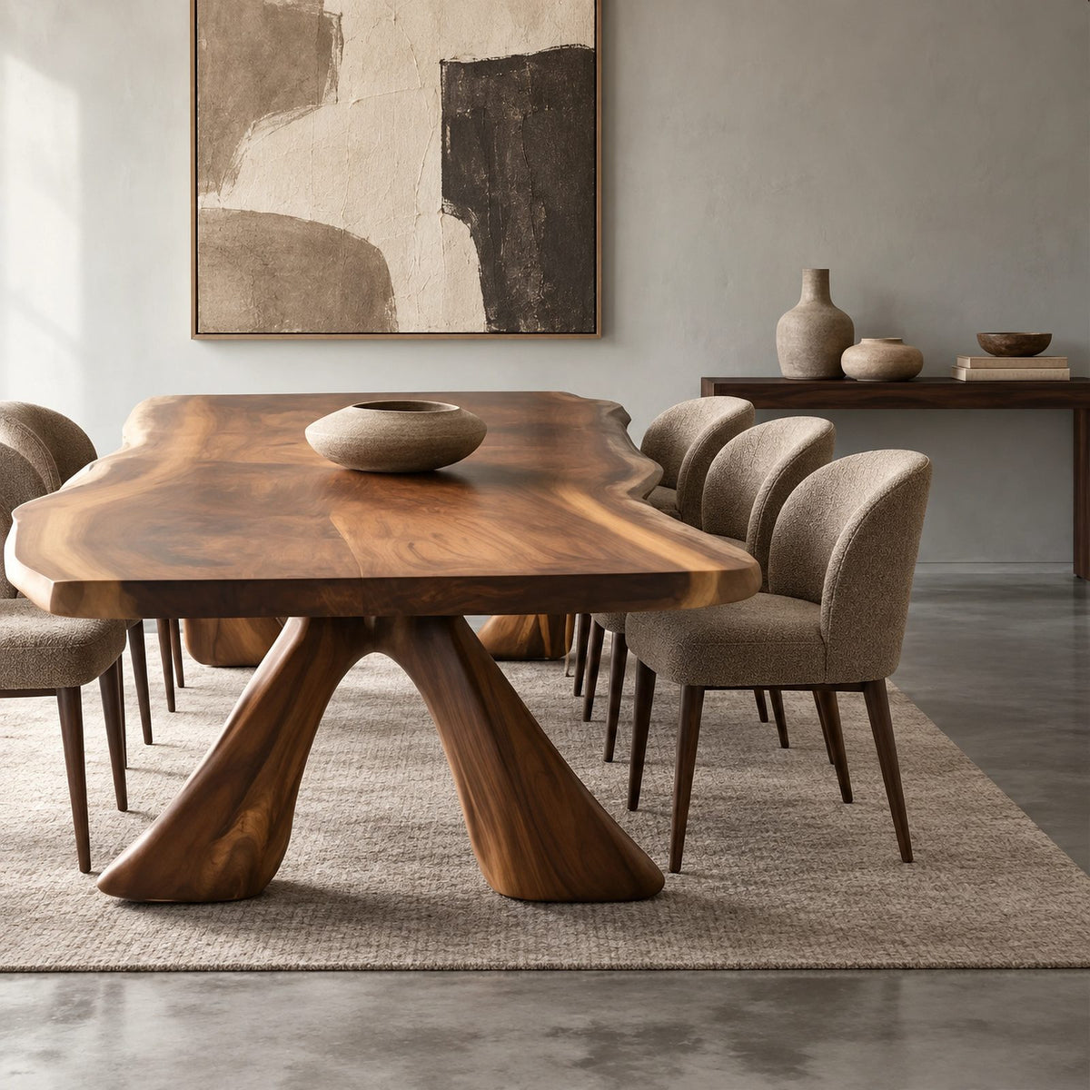 Sculptural Live Edge Dining Table With Crossed Wood Base For Dining Room