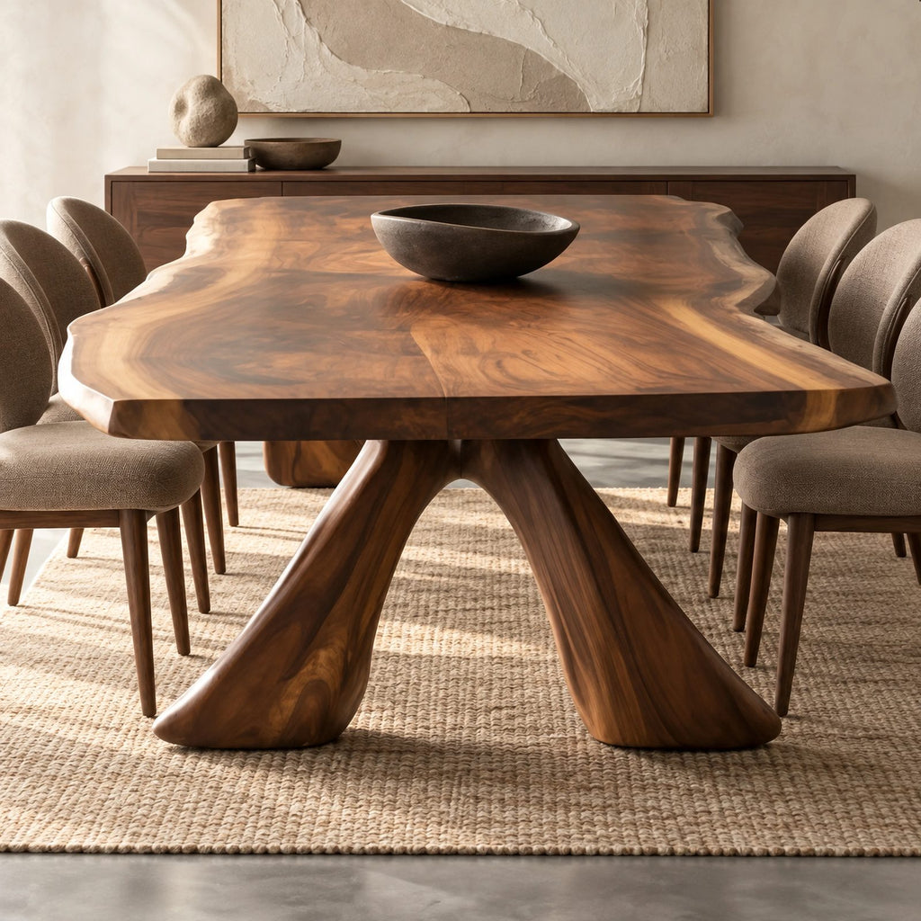 Sculptural Live Edge Dining Table With Crossed Wood Base For Dining Room
