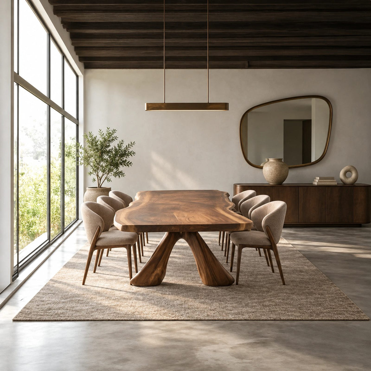 Sculptural Live Edge Dining Table With Crossed Wood Base For Dining Room