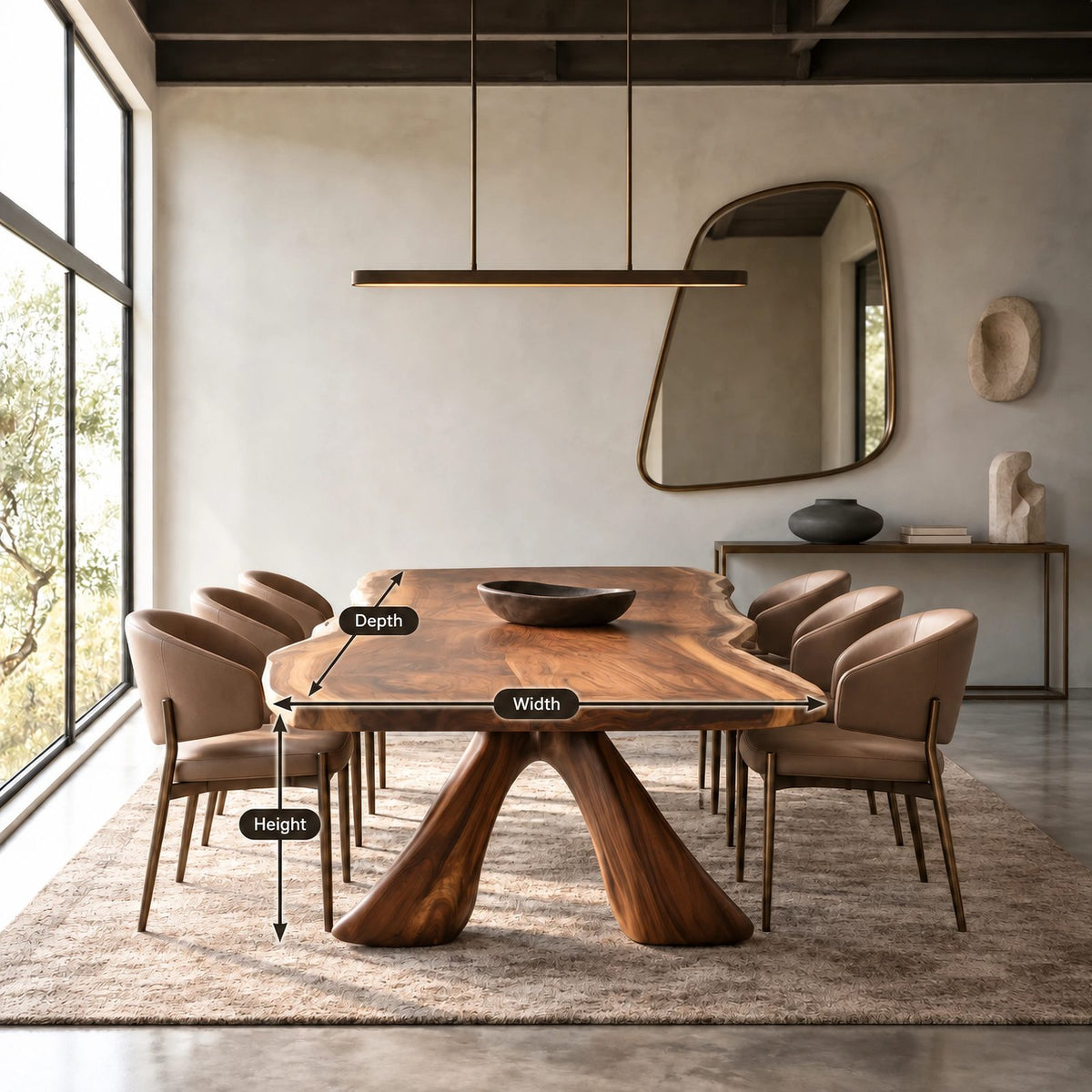 Sculptural Live Edge Dining Table With Crossed Wood Base For Dining Room