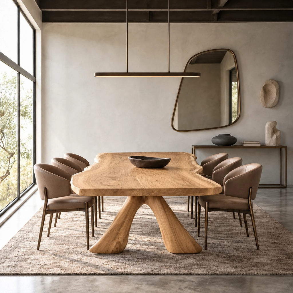 Sculptural Live Edge Dining Table With Crossed Wood Base For Dining Room