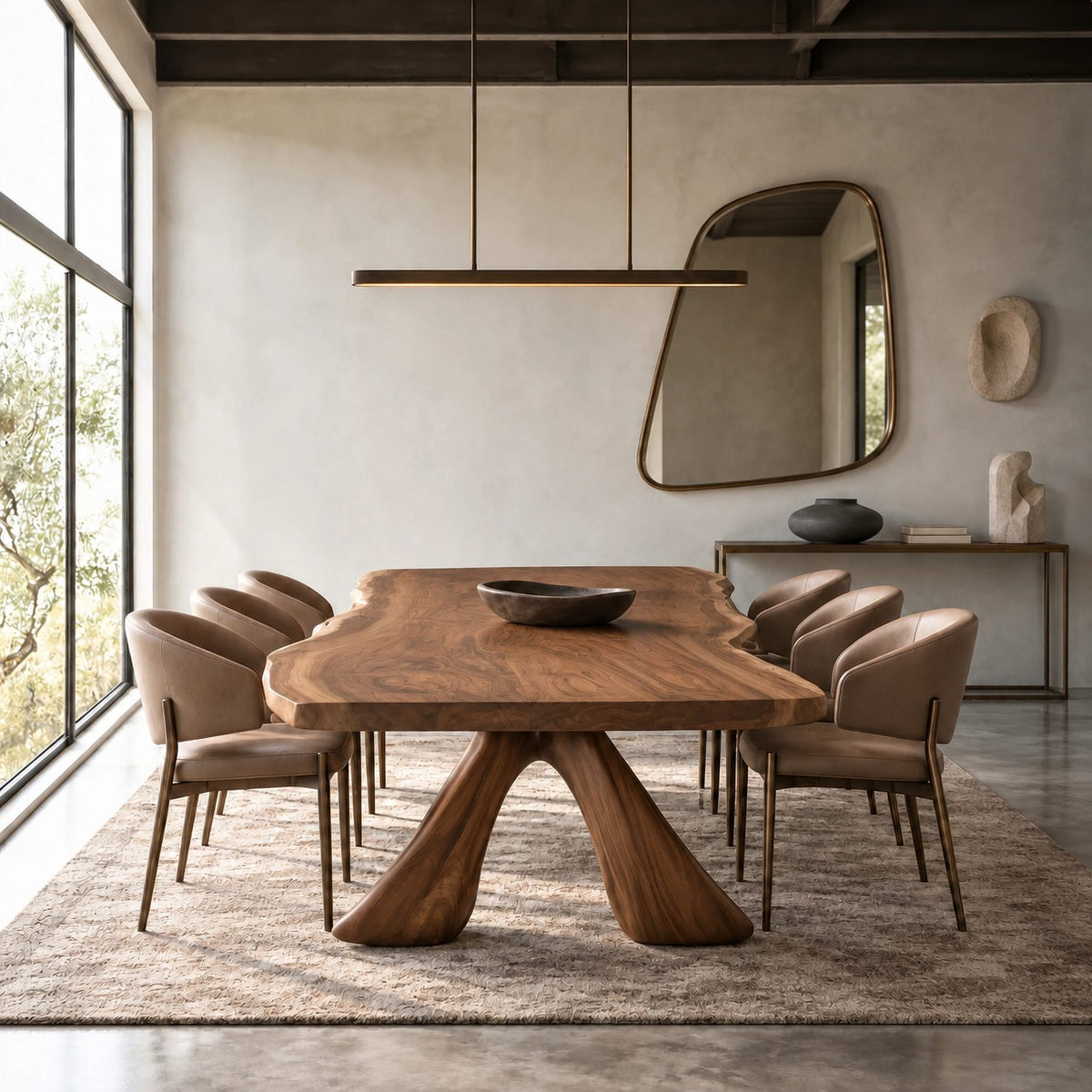 Sculptural Live Edge Dining Table With Crossed Wood Base For Dining Room