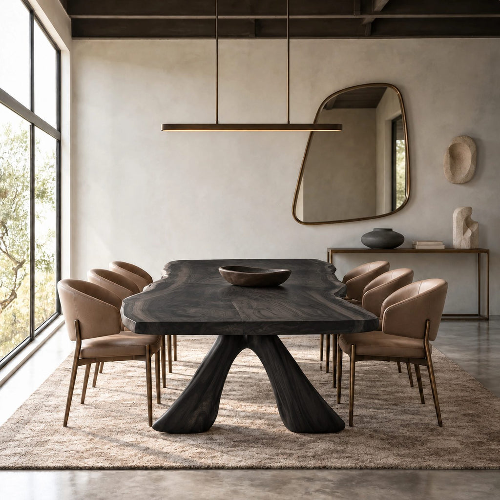 Sculptural Live Edge Dining Table With Crossed Wood Base For Dining Room