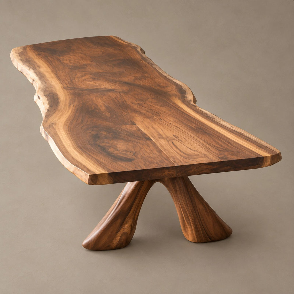 Sculptural Live Edge Dining Table With Crossed Wood Base For Dining Room