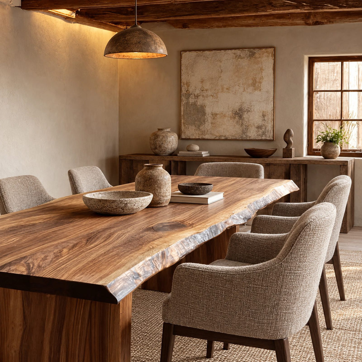 Organic Live Edge Dining Table With Panel Leg Base For Dining Room