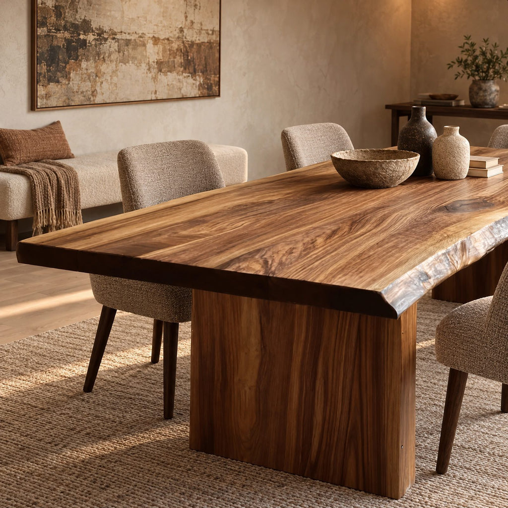 Organic Live Edge Dining Table With Panel Leg Base For Dining Room