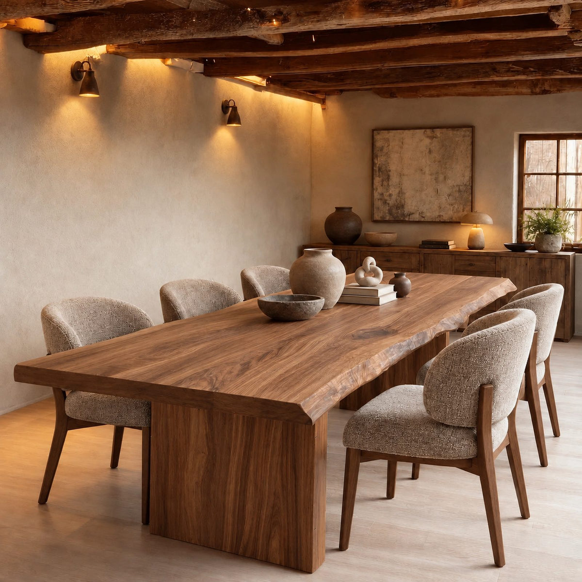 Organic Live Edge Dining Table With Panel Leg Base For Dining Room