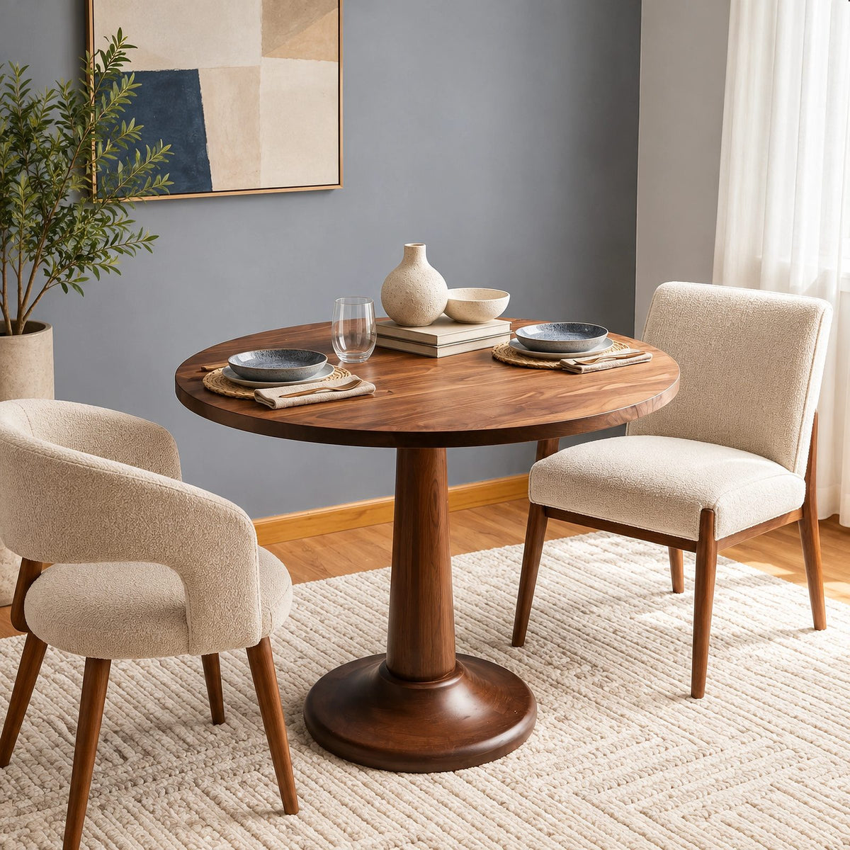 Modern Solid Wood Dining Table With Sculpted Pedestal Base For Dining Room